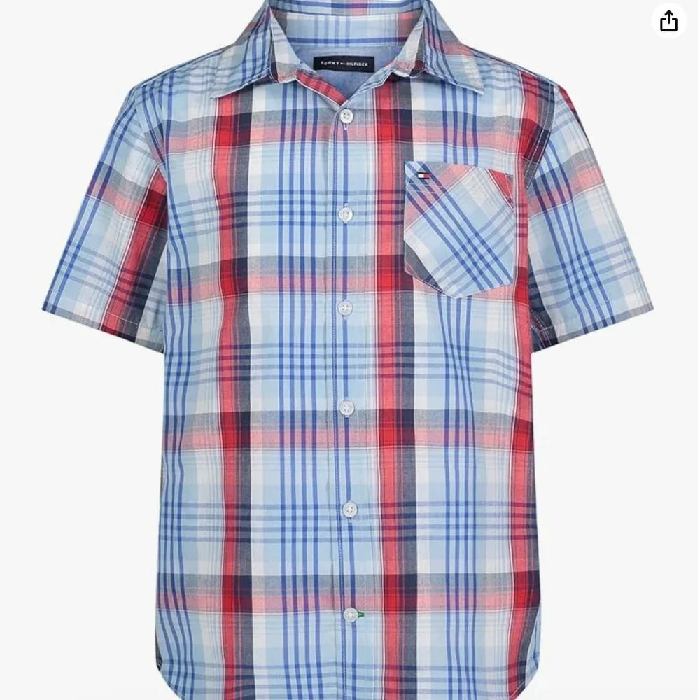 NWOT Tommy Hilfiger Boys' Short Sleeve Woven Button-Down Shirt, plaid, L (16/18)